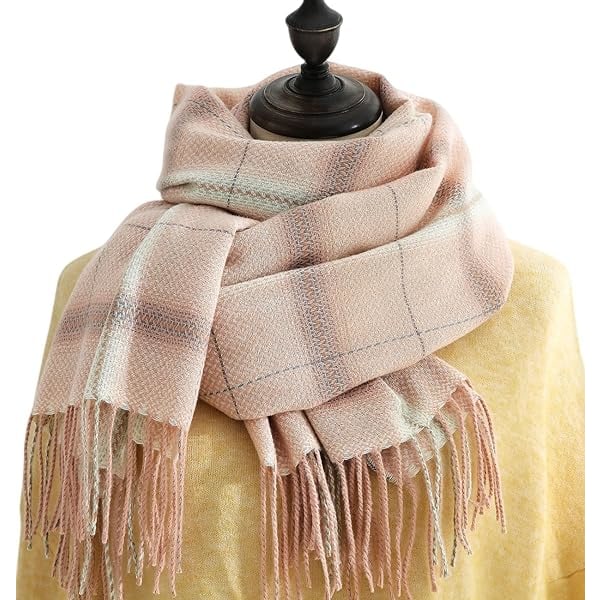 Vinterrutete skjerf for kvinner, langt vinterskjerf, myke varme skjerf, duske-sjal, lang stola, julegave Pink