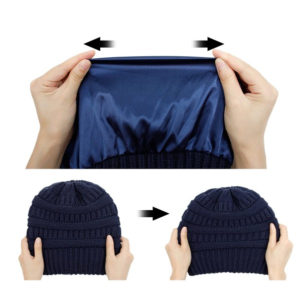 Vinter varm strikket lue satengfôret kabelstrikket lue Chunky Slouchy Skull Cap for kvinner, Navy