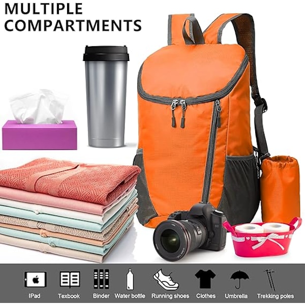 Hopfällbar vattentät ryggsäck, liten vandringsryggsäck, unisex, lämplig för utomhussporter resor vandring camping promenader, orange orange