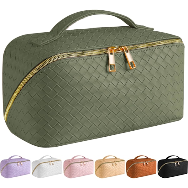 Kosmetiktaske med stor kapacitet til rejser - Makeup taske, PU læder vandtæt kosmetiktaske (Grøn) dark green