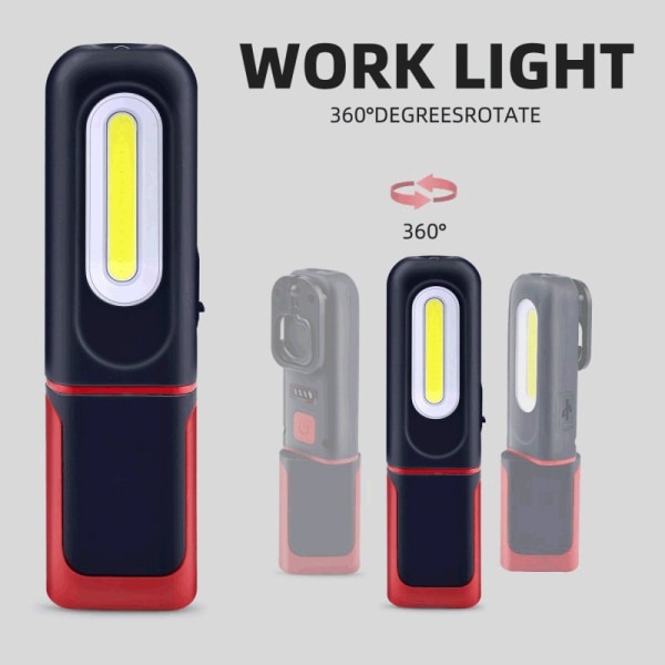Genopladeligt LED arbejdslys, 2 i 1 inspektionslampe med 360 graders rotation og 5W COB LED lommelygte med magnetisk base og krog