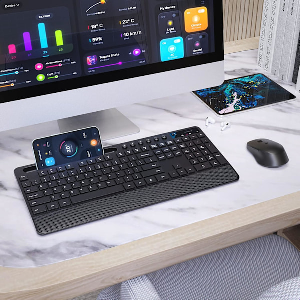 2,4 GHz Trådlöst Ergonomiskt Tangentbord i Full Storlek med Telefonhållare & 10 Oberoende Genvägar, Tyst Mus med 4 DPI