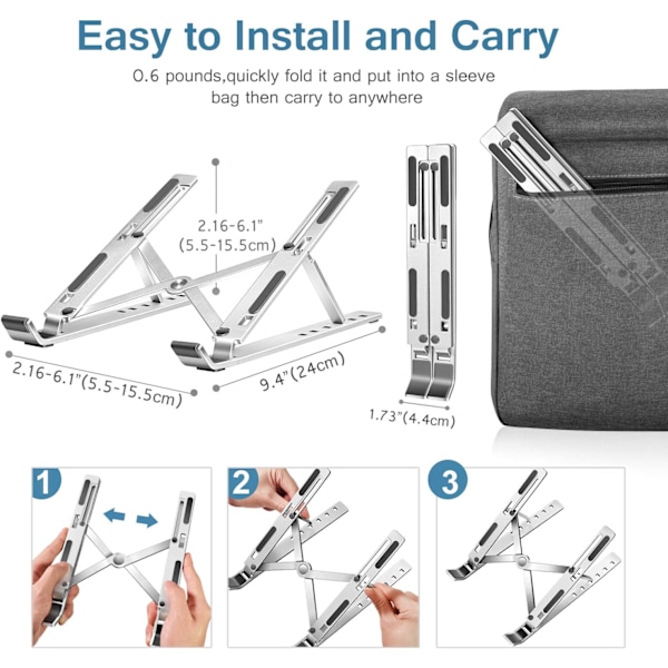 Laptopställ, Tabletställ, 6 Vinkeljusterbart Ergonomiskt Hopfällbart Portabelt Skrivbordsställ i Aluminium.