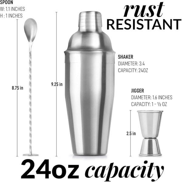 24oz Cocktail Shaker-sett i rustfritt stål - Martini Shaker-sett med innebygd sil, dobbeltsidig shaker og kombinert røre-skje