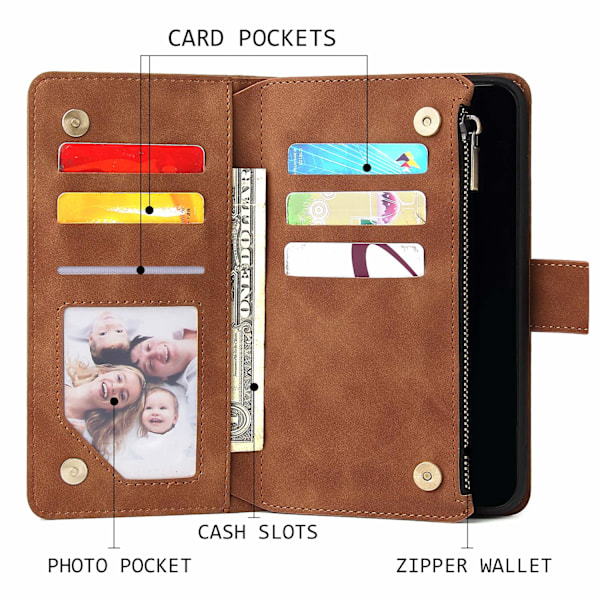 Wallet Case til iPhone 11, Håndtaske med Lynlåslomme, Støttefod, Kortholder Slots med Håndledsrem TPU Stødsikkert Flip Cover til iPhone 11 - Brun