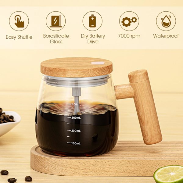 400ml Selv-Rørende Kaffe Kop med 55-65℃ Konstant Temperatur USB Opvarmet Underkop, Trækorn Minimalistisk Design Blandingskop til Hjem Kontor (Sæt)