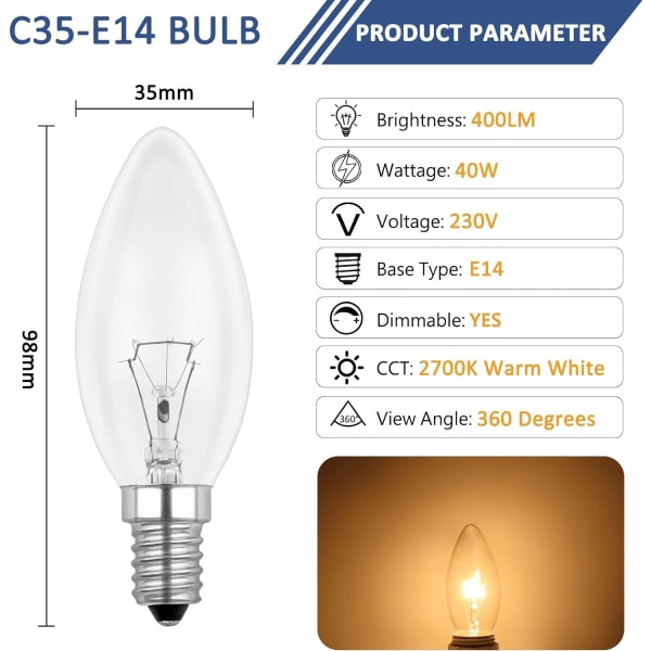 E14 40W Klar stearinlys pære, dimbar glødelampe, varm hvit 2700K, 400LM, flammelys pære, E14 Edison skrue stearinlys pærer, 6-pakning