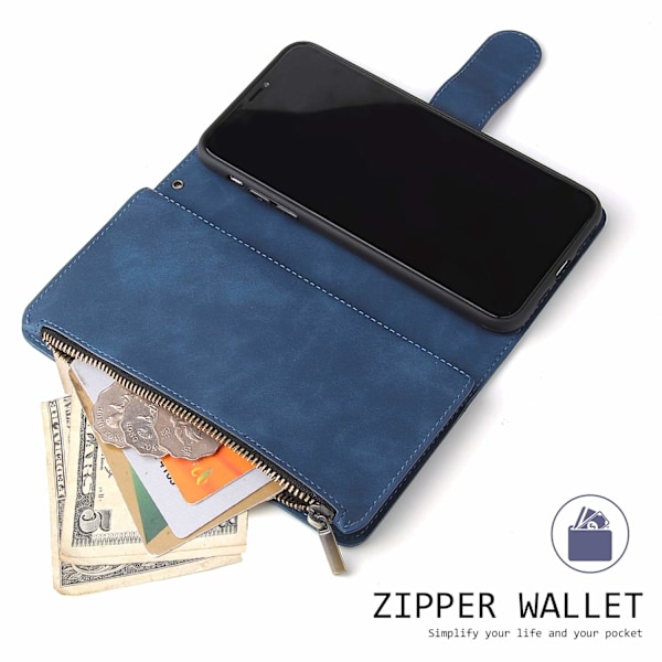 Wallet Case til iPhone 11, Håndtaske med Lynlåslomme, Støttefod, Kortholder Slots med Håndledsrem TPU Stødsikkert Flip Cover til iPhone 11 - Blå