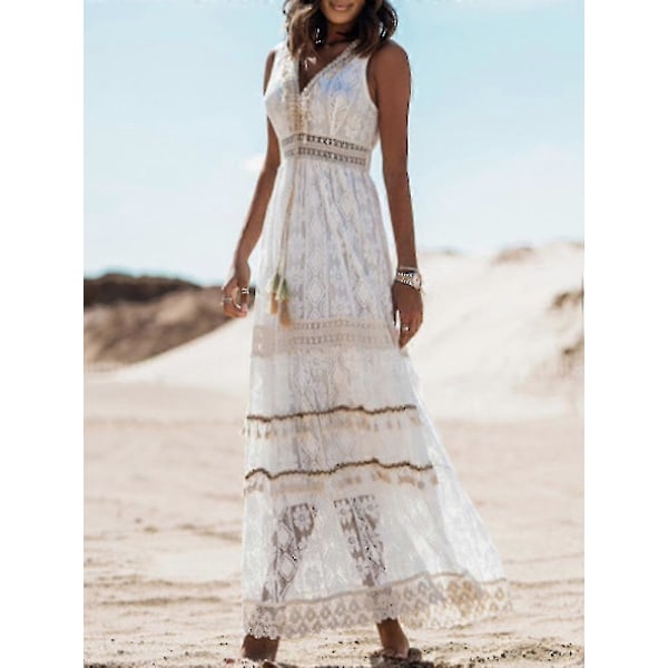 Sommar Boho Långklänningar Dam Spets V-ringning Spaghetti Rem Klänning Damer Off Shoulder Strandklänning