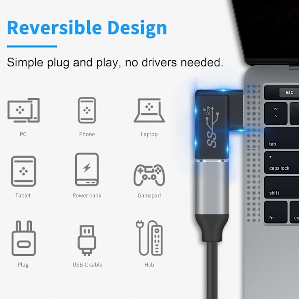 10 Gbps vinkelret USB 3.0 han til USB C hun adapter, 90 graders USB 3.1 Gen2 USB C til USB 3.0 adapter til PC, bærbar computer, mobiltelefon