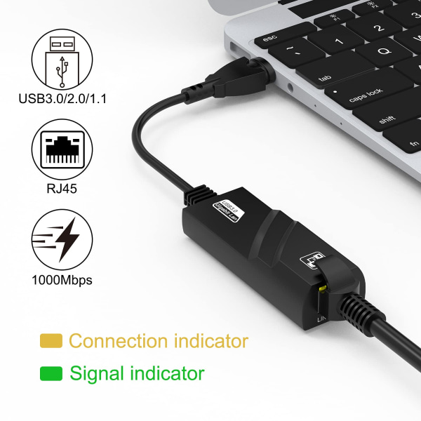 USB 3.0 till RJ45 Ethernet-adapter, 1000 Mbps nätverksadapter för LAN Kompatibel med Windows 10/8.1/8/7/Vista/XP, Mac OS 10.6 och högre, svart