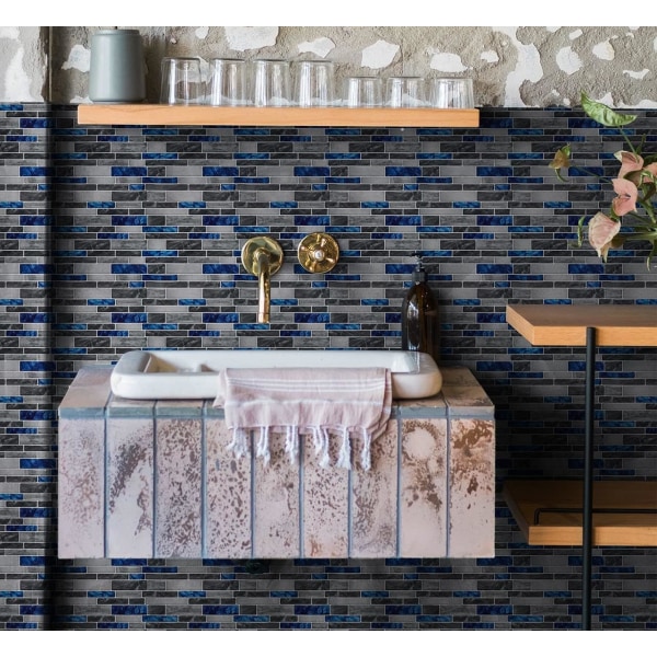 Sett med 8 ark med blå selvklebende fliser med marmormønster, mosaikkeffekt vinyl kjøkken sprutbak, 30 x 30 cm