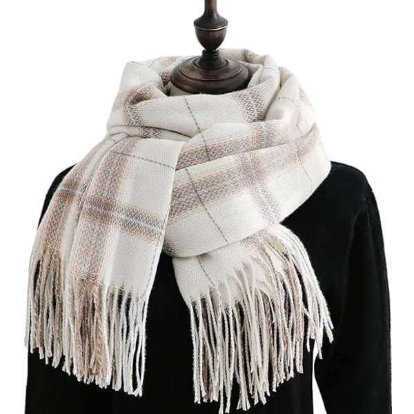 Vinterrutete skjerf for kvinner, langt vinterskjerf, myke varme skjerf, duske-sjal, lang stola, julegave Off White