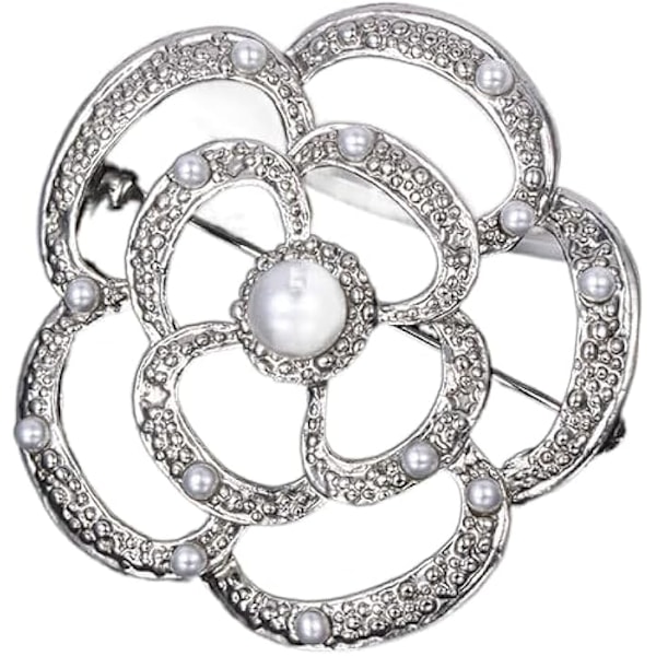 Brosch för kvinnor, Kamelia med strass och pärlor, Kavajnålar, Klänningsklämma, Bröllopsmodeaccessoarer Silver