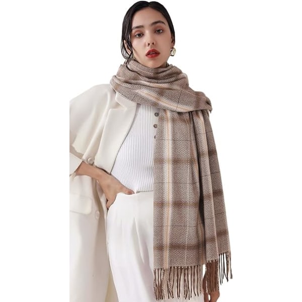 Dam Vinter Tartan Scarf, Lång Vinterscarf, Mjuka Varma Scarfar, Tofssjal, Lång Stola, Julklapp Coffee