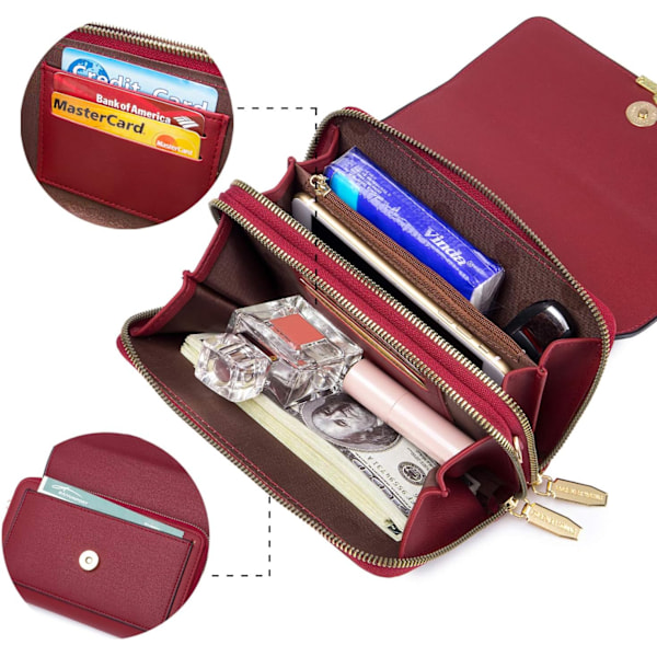 Liten Crossbody Telefonväska för Kvinnor, PU Läder Mobiltelefonväska Korthållare Plånbok och Handväska, Axelväska med Justerbar Rem Red