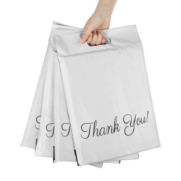 100 st plast kuvert för frakt, vattentäta och starka fraktpåsar med handtag för förpackning, förvaring, shopping, 25x33cm+5cm+6cm (vit)