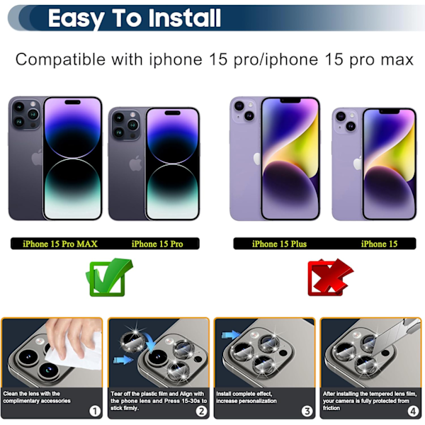 Kameraskydd för iPhone 15 Pro/15 Pro Max kameralinsskydd, glitterdekoration HD härdat glas + aluminiumram 15pro