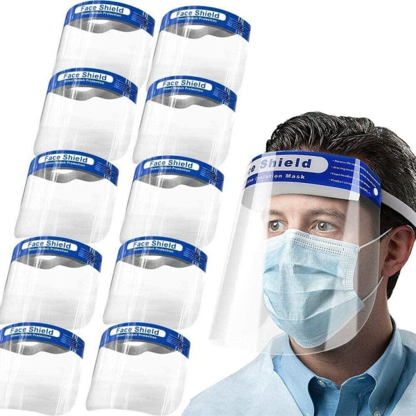 10-packs skyddande ansiktsvisir, kraftigt visir, brett, justerbart, genomskinligt, anti-dimma och anti-stänk
