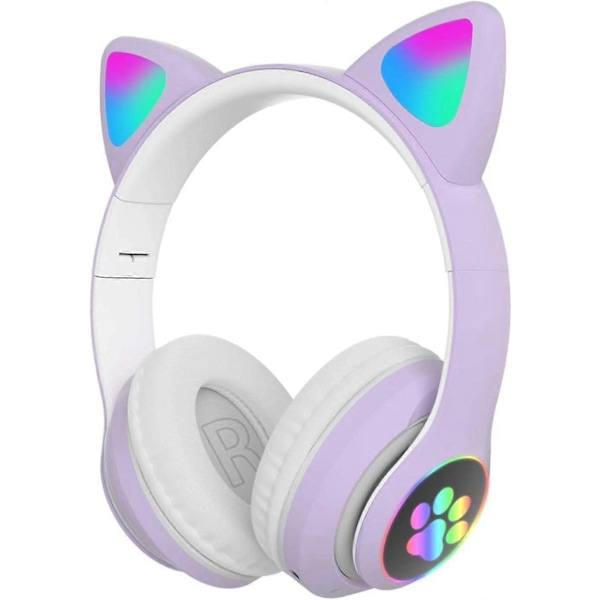 Pelikuulokkeet, muodikkaat Bluetooth-kissankorvat LED-valoilla varustetut langattomat pelikuulokkeet, taitettavat ja venytettävät kuulokkeet (Violetti)