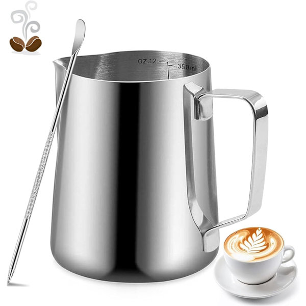 350 ml / 12 oz melkeskummer for kaffemaskin, melkeskummer med målemerke og dekorasjonspenn for å lage kaffe, egnet, sølvfarget True Color