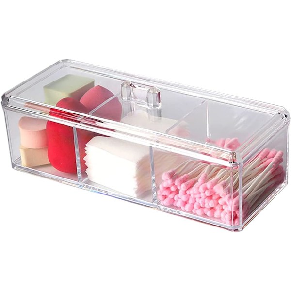 Holder til vatrondeller/vatpinde, med 3 rum, klar akryl badeværelsesbeholder Vanity Organizer Box til vatpinde, kosmetiske pads, hårelastikker, smykker