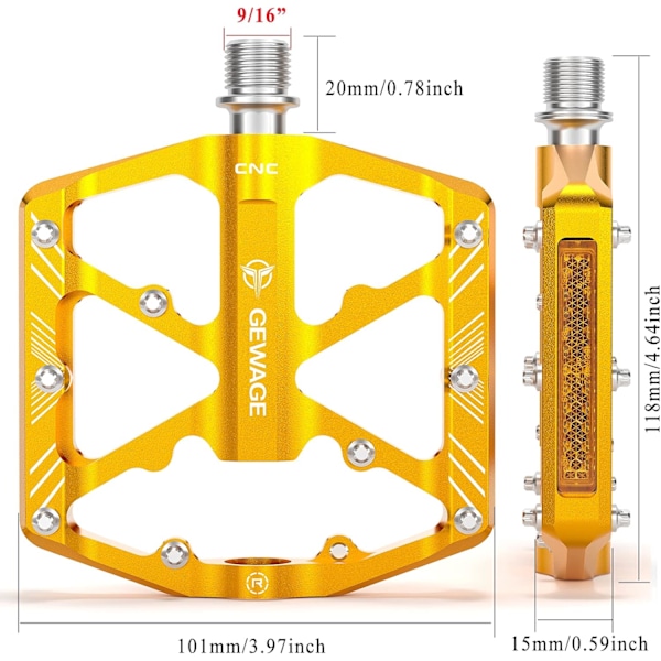 Cykelpedaler med reflexer, 3 tätade lager, halkfri CNC-aluminiumcykelplattform, 9/16 tums pedaler för landsvägscykel, MTB, elcykel. Gold