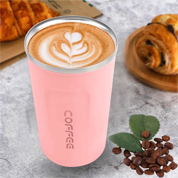 Resemugg, Isolerad Kaffekopp med Läcksäker Lock - Återanvändbara Kaffekoppar Resa - Bilkaffekopp - Rostfritt Stål Termosmugg, 380ml (Rosa) pink