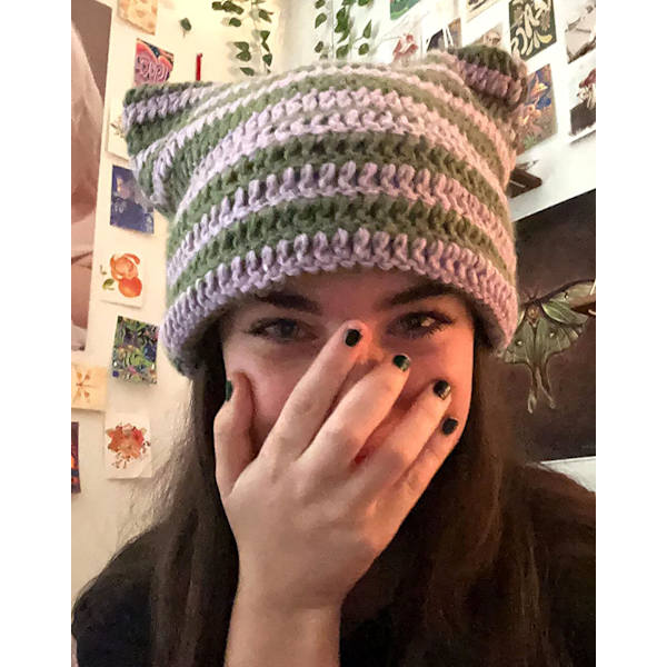 Katte Beanie Hæklet Hatte med Ører Strikket Stribet Vinter Varmt Elastisk Kasket, Lilla og Grøn Purple and Green