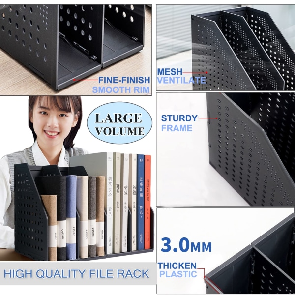 Sammenleggbare A4-håndtaksfilstativer, 4-seksjoner magasinfilstativ fildelere Bøker Brevholder Mesh Desktop Organizer Box, 1stk, svart