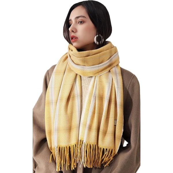 Dam Vinter Tartan Scarf, Lång Vinterscarf, Mjuka Varma Scarfar, Tofssjal, Lång Stola, Julklapp Yellow