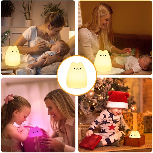 Natlampe til børn/baby, 7 farver Kawaii kat, genopladelig LED-natlampe, timerfunktion silikone sengelampe, berøringsfølsom gave til piger