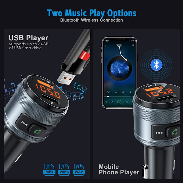 Bluetooth FM-sender til bil, trådløs radiosenderadapter bilsæt, dobbelte USB-porte, QC3.0, understøtter USB-flashdrev musikafspilning