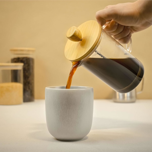Fransk kaffemaskine, kaffepresse, kaffemaskine med stempel, fransk karaffel til filterkaffe, 3 kopper, rustfrit stål bambusglas, træ, 0,35 L