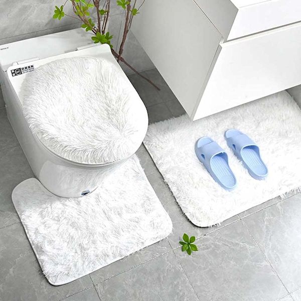 Pehmeä Pehmo Yksivärinen Kylpyhuonemattosarja 3 Osainen Liukumaton Imukykyinen Kylpyhuoneen Matto, U-muotoinen Reunamatot ja Pestävä WC:n Kannen Päällinen (Valkoinen)