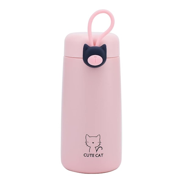 Katt Isolert Vannflaske, 270 ml Rosa Drikkeflasker Søte Termoser i Rustfritt Stål for Barn Jenter, Tegneserie Vannflaske, Lekkasjesikker Vakuum Reisekrus