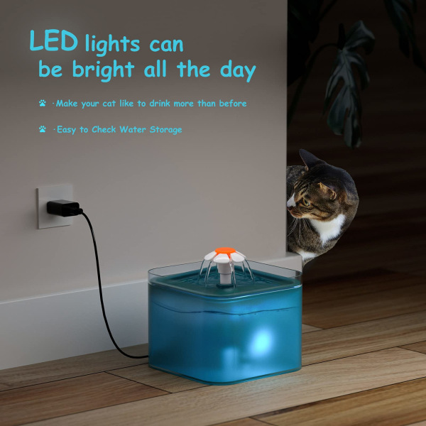Cat-vesilähde, Ultra Quiet Cat-vesiannostelija, Cat-vesiautomaatti LED-valolla, 2L Cat-suihkulähde, aktiivihiilisuodattimella ja vesipumpulla