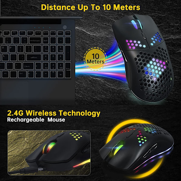 Trådløs Gaming Mus, Datamus med Honeycomb-skall, 11 RGB Bakgrunnsbelyst, 3400 DPI, 6 Programmerte Knapper, USB-mottaker, Trådløs Mus for PC/Mac/Laptop