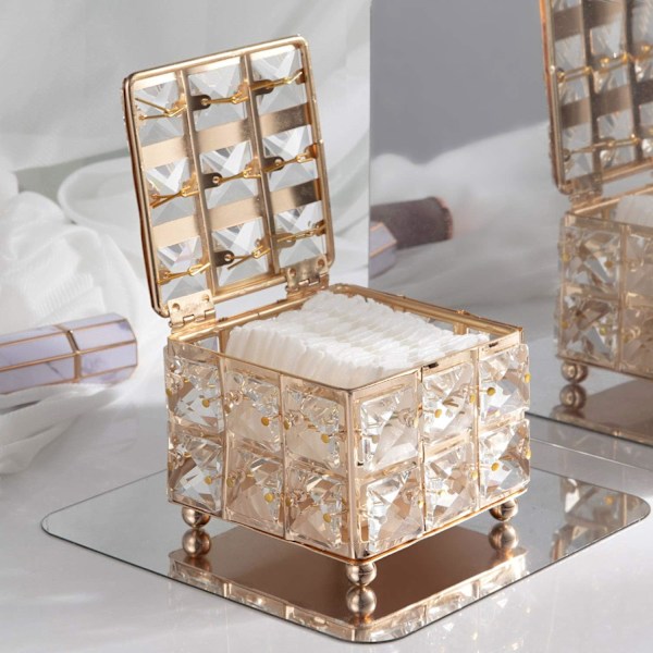 Krystal Makeup Opbevaringsboks med Låg, Diamantmønster, til Vatpinde, Makeup Svampe, Makeup Pads, Badesalt, Firkantet Makeup (Gylden)