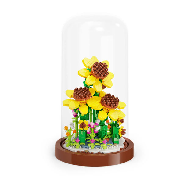 Byggeklosser Blomsterbukettsett med støvtett kuppel, DIY-blomstersamling Konstruksjon Byggeklossleketøy, hjemmedekor, solsikke sunflower