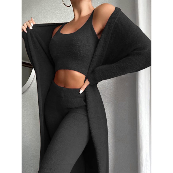 Damernas Sexiga Varma Fuzzy Fleece 3-Delade Outfits Pyjamas, Mysig Stickad Set 3-Delar, Öppen Fram Hoodie Cardigan Topp Byxor (L)