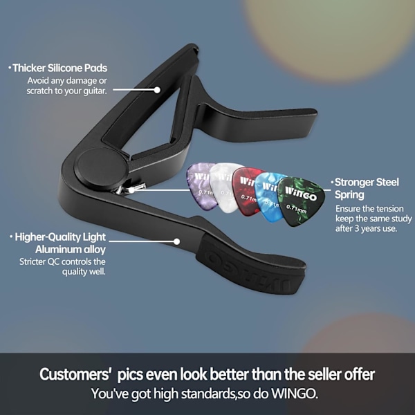 Gitar-Capo for akustiske og elektriske gitarer med 5 plukker gratis, svart