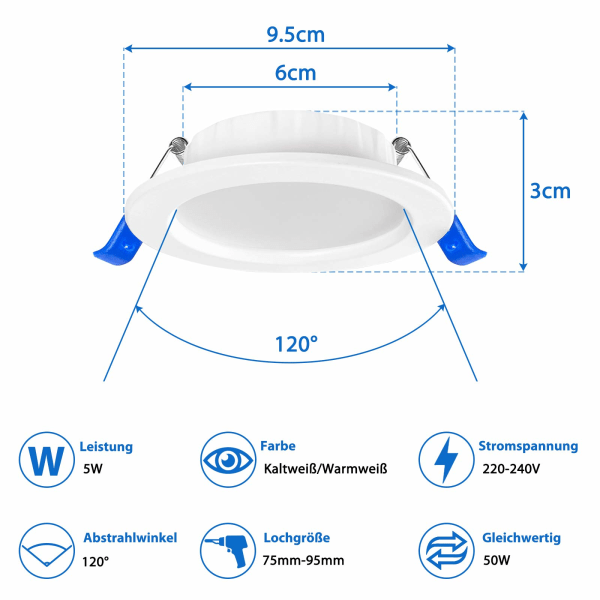 Set med 20 platta LED infällda spotlights 5W 230V Mini aluminium infälld takspotlight för badrum, vardagsrum, sovrum kök 20x5W kall vit