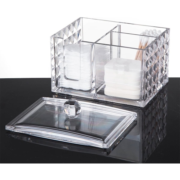 Makeup Vatrondel Holder Akryl Vatpind Organizer Kosmetik Opbevaringsholder, 3 Rum, Terning