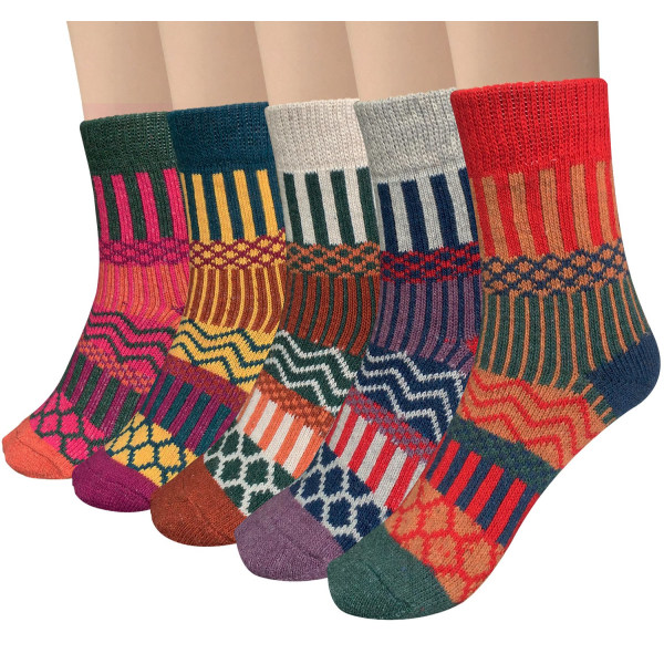 5 Par Damsockor i Ull, Dam Vinter Varma Stickade Sockor Tjocka Sockor, Julklappar till Kvinnor