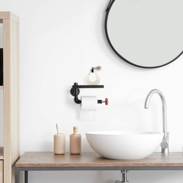Industriel Toiletpapirholder, vægmonteret toiletpapirholder i støbejernsrør med træhylde til badeværelse, toiletrulleholder