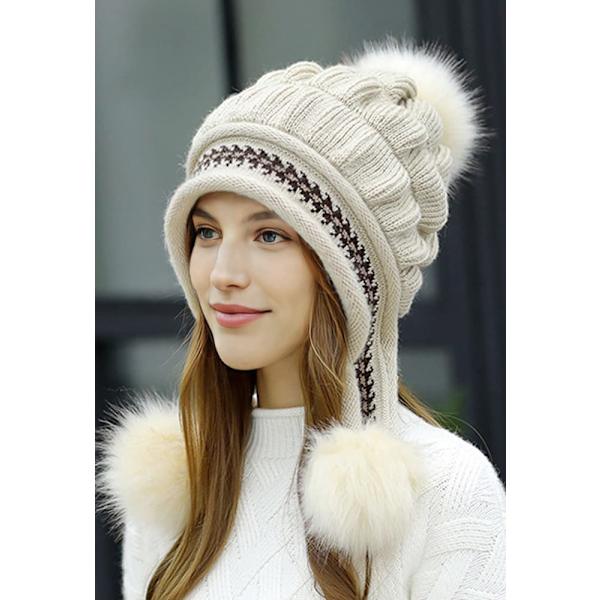 Damhattset Fluffig Vintermössa Stickad Beanie Utomhus Plyschfodrad Rysshatt Pompom Öronlapp med Vantar, beige Beige
