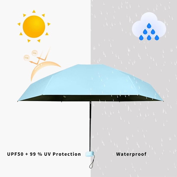 Pieni matka-aurinkovarjo laukkuun kotelolla, pieni kompakti UV-aurinko- ja sadevarjo, kevyt kannettava tuulenpitävä aurinkovarjo 99 % UV-suojalla Sky Blue