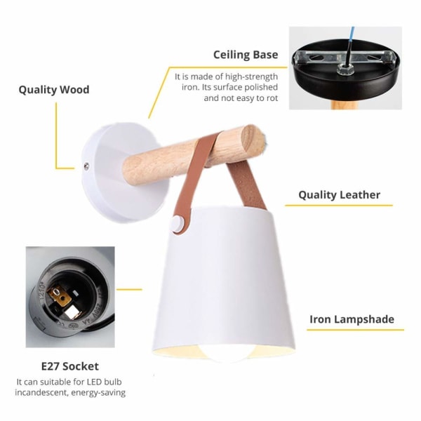 Væglampe Sconce Moderne Træ Læder Dekorativ Led Væglamper E27 Base Belysningsarmatur (Hvid)