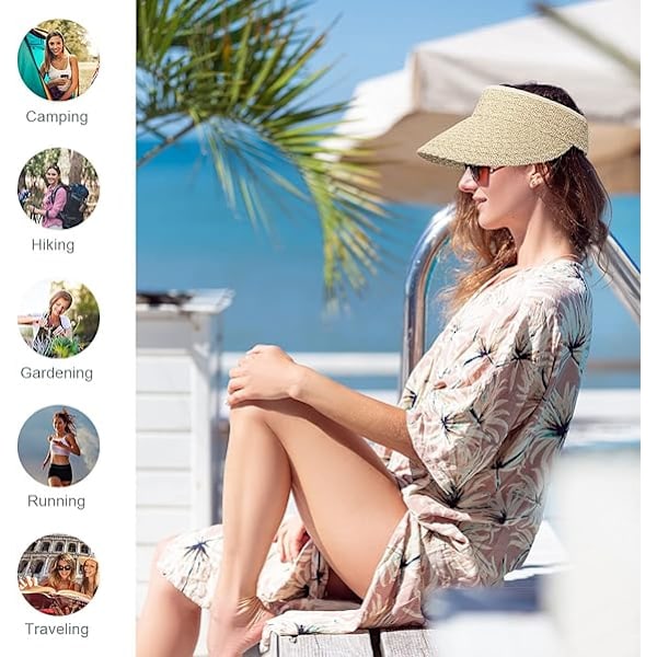 Solhatt, Rullbar Dam Bredbrättad Halm Vikbar Sommar Topplös Solhatt Dam Justerbar Strandhatt, Beige